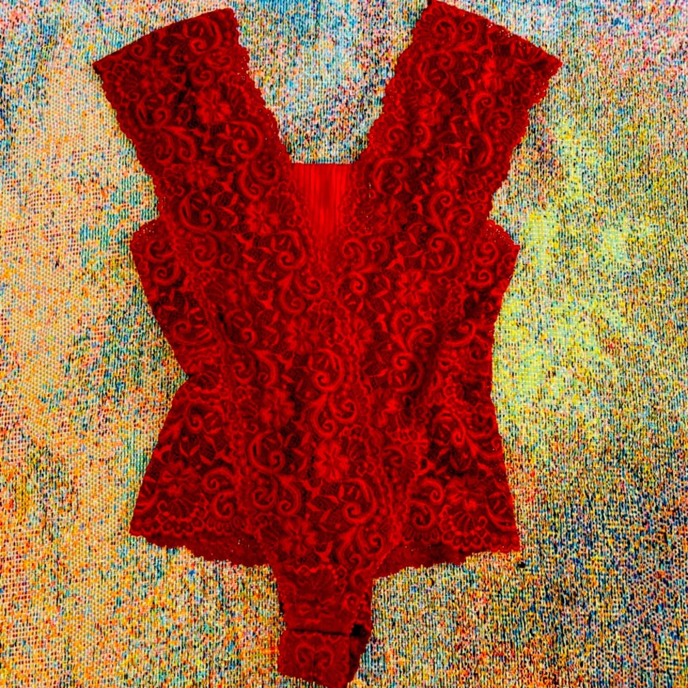 Vintage red lace lacy bodysuit floral onesie